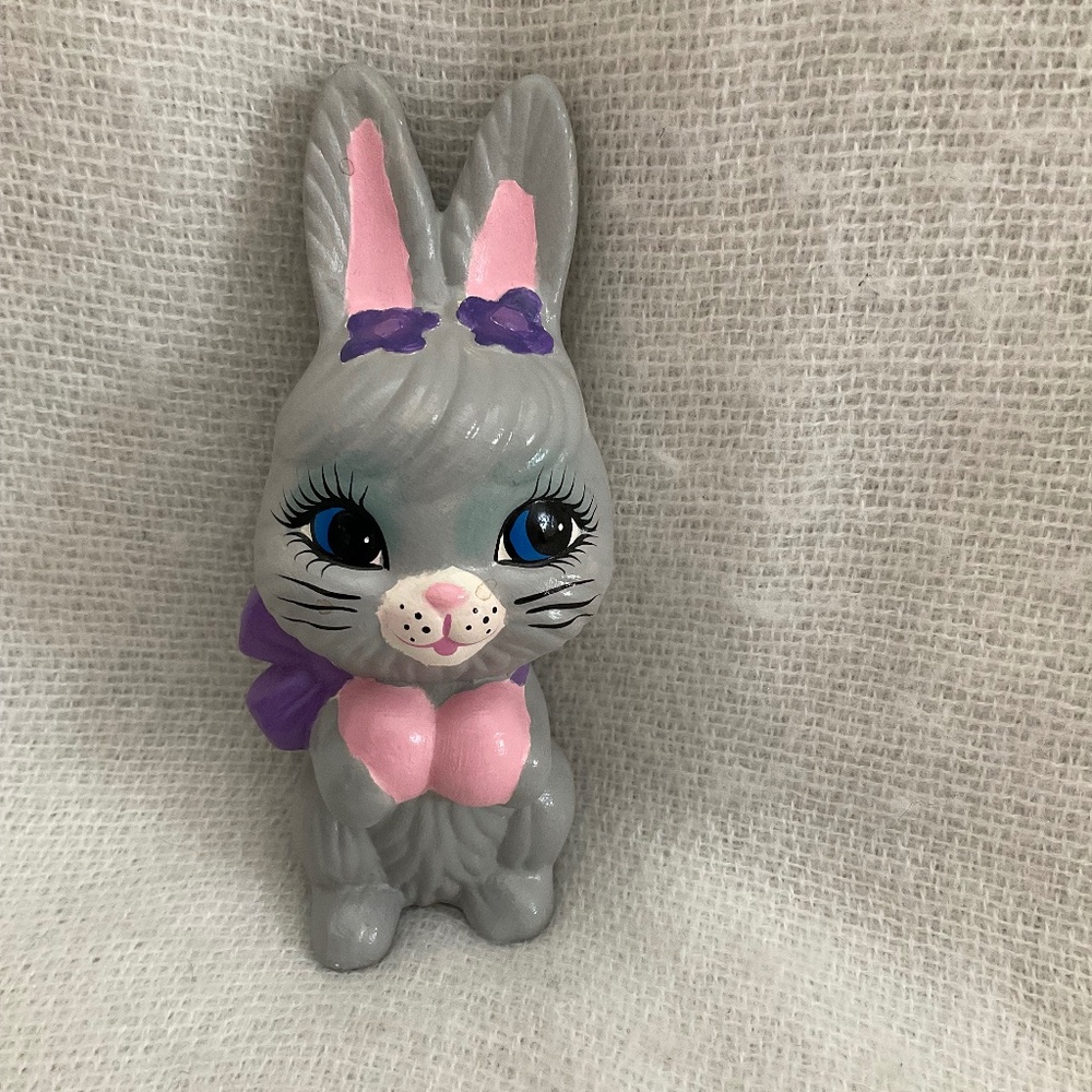 Ceramic Bunny Handpainted 5.5” Gray Pink Purple Easter Spring
